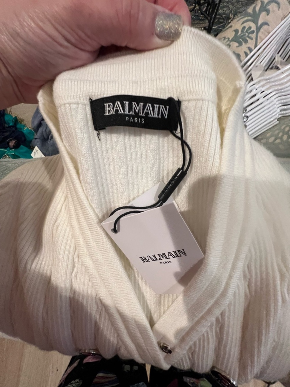 Balmain INSPIRED White Ribbed Knit Cardigan Dress with Chain-Trim Detail - Picture 13 of 15